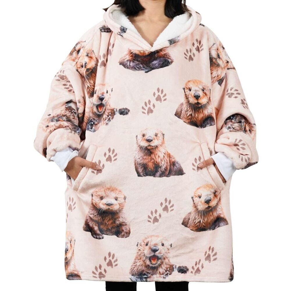 1122 Otter Gifts for Lovers, Wearable Flannel Blanket Hoodie With Two Large